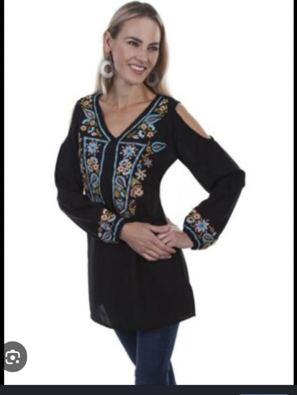 Embroidered Cold-Shoulder V-Neck Tunic Top - Black
